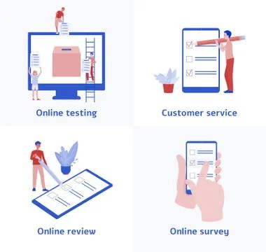 Set of online testing and survey icons, customer service and feedback gathering Illustrazione stock