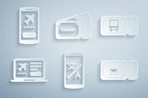 Set Online translator, Bus ticket, Laptop with, Train, Ticket and Mobile icon Illustrazione stock