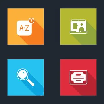 Set Online translator, Foreign language online study, Magnifying glass and Illustrazione stock