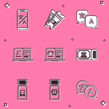 Set Online translator, Train ticket, Translator, Laptop with, car sharing, .. Stock Illustration