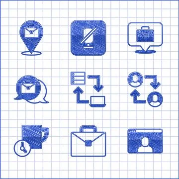 Set Online working, Briefcase, Video chat conference, Project team base, Time Stock Illustration
