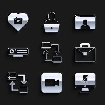 Set Online working, Camera, Mute microphone on computer, Briefcase, Web camera 스톡 일러스트