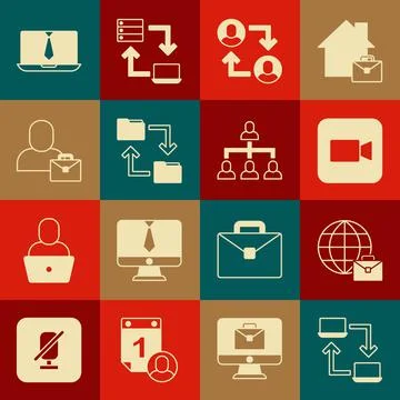 Set Online working, Camera, Project team base, Cloud storage document folder Stock Illustration