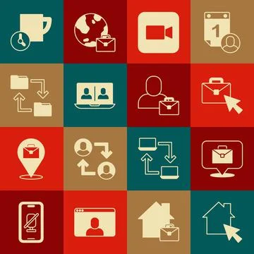 Set Online working, Camera, Video chat conference, Cloud storage document fol イラスト素材