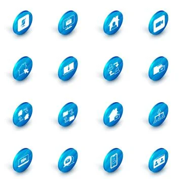 Set Online working, Camera, Video chat conference, and Project team base icon Stockillustratie