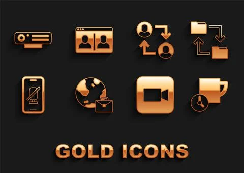 Set Online working, Cloud storage document folder, Time management, Camera, Mute Stock Illustration