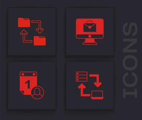 Set Online working, Cloud storage document folder, and Time management icon Stock Illustration