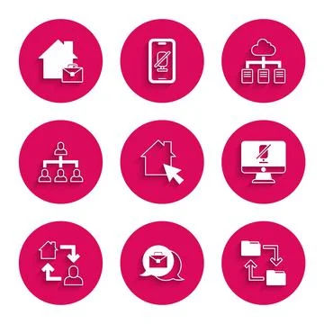 Set Online working, Cloud storage document folder, Mute microphone on compu.. Stock Illustration