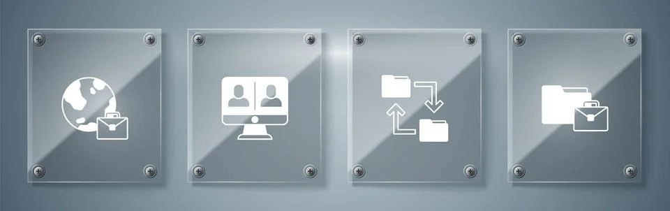 Set Online working, Cloud storage document folder, Video chat conference and  Stock Illustration