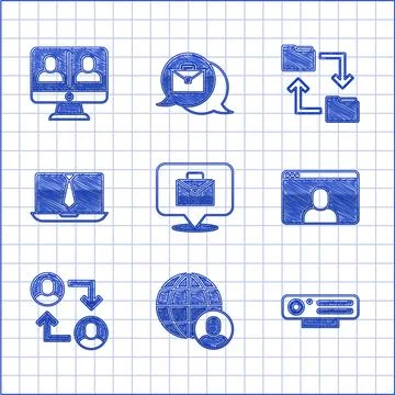 Set Online working, Freelancer, Web camera, Video chat conference, Project team 스톡 일러스트