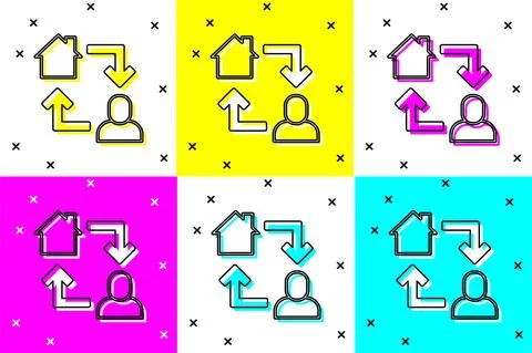 Set Online working icon isolated on color background. Freelancer man working on Illustrazione stock