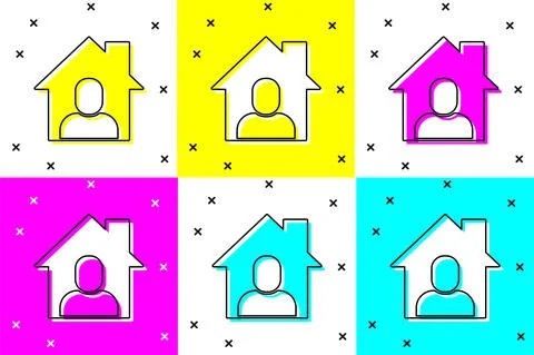 Set Online working icon isolated on color background. Freelancer man working on Illustrazione stock