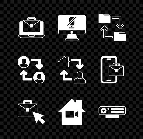 Set Online working, Mute microphone on computer, Cloud storage document folder Stock Illustration