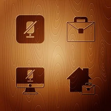 Set Online working, Mute microphone, computer and Briefcase on wooden background Illustrazione stock