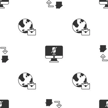 Set Online working, Mute microphone on computer and  on seamless pattern. Vec Illustrazione stock