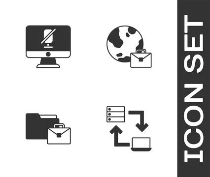 Set Online working, Mute microphone on computer,  and  icon. Vector 库存插图