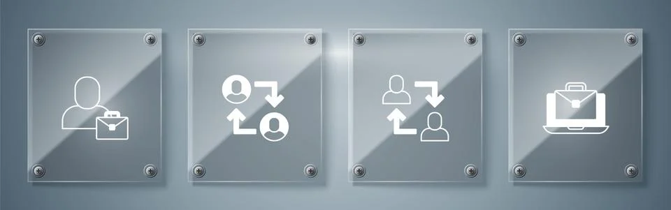 Set Online working, Project team base, and Freelancer. Square glass panels Illustrazione stock