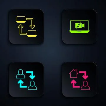 Set Online working, , Project team base and Video camera Off on laptop. Black Stock Illustration