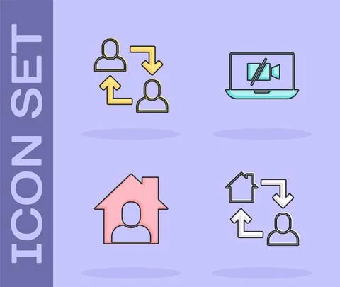 Set Online working, Project team base, and Video camera Off on laptop icon Stock Illustration