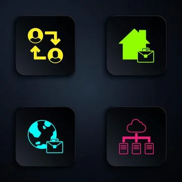 Set Online working, Project team base, and . Black square button. Vector Stockillustratie