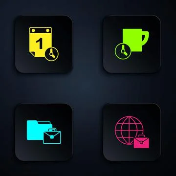 Set Online working, Time management, and . Black square button. Vector Stock Illustration