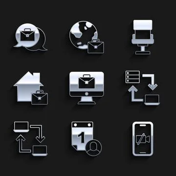 Set Online working, Time management, Video camera Off on mobile, Office chair Illustrazione stock