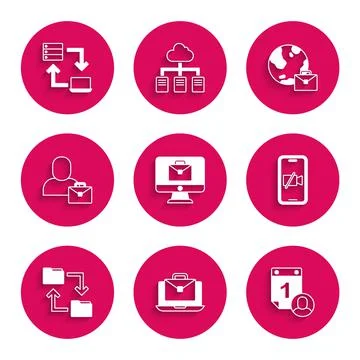 Set Online working, Time management, Video camera Off on mobile, Cloud storage Stock Illustration
