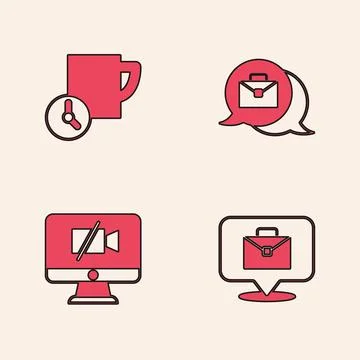 Set Online working, Time management, and Video camera Off on computer icon Stock Illustration