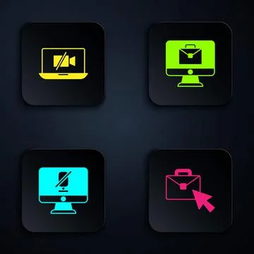 Set Online working, Video camera Off on laptop, Mute microphone computer and Stock Illustration