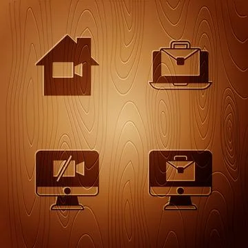 Set Online working, Video camera Off home, on computer and on wooden background Illustrazione stock