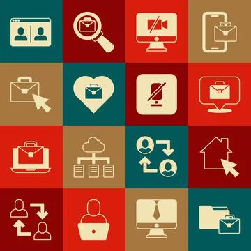 Set Online working, Video camera Off on computer, Heart with text, chat Illustrazione stock