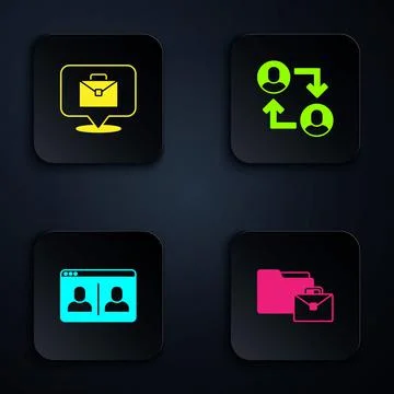 Set Online working, , Video chat conference and Project team base. Black square Illustrazione stock