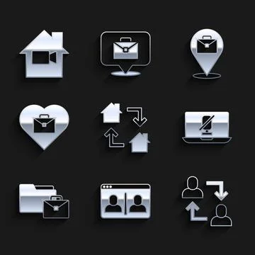 Set Online working, Video chat conference, Project team base, Mute microphone 스톡 일러스트