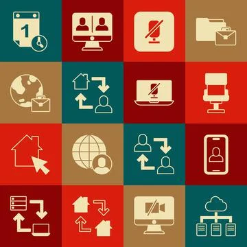 Set Online working, Video chat conference, Office chair, Mute microphone, Time Stock Illustration