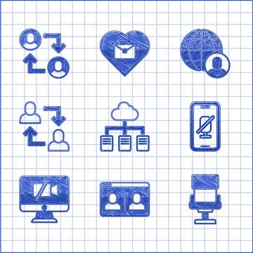 Set Online working, Video chat conference, Office chair, Mute microphone mobile Stock Illustration