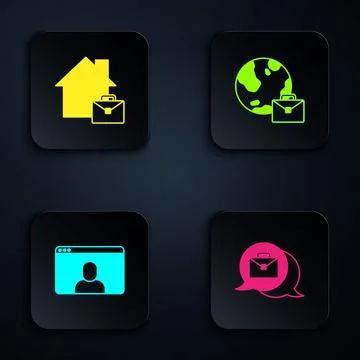 Set Online working, , Video chat conference and . Black square button. Vector Stock Illustration