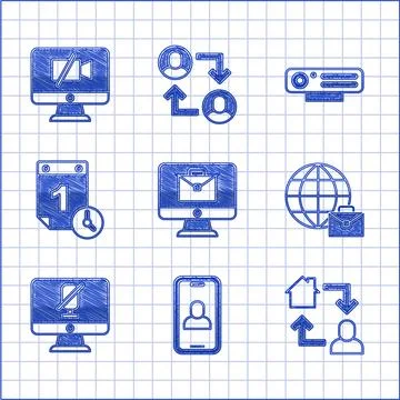 Set Online working, Video chat conference, Mute microphone computer, Time m.. Stock Illustration