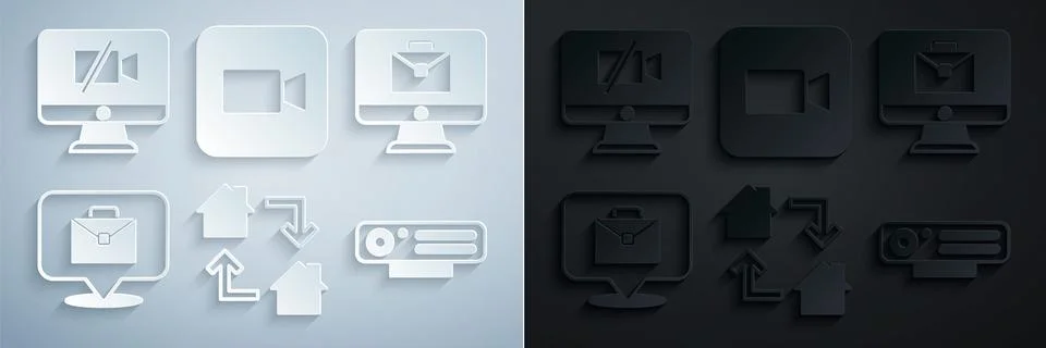 Set Online working, Web camera, Camera and Video Off on computer icon. Vector Stock Illustration