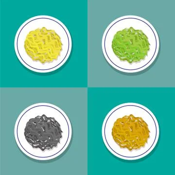 Set of only noodle on plate in flat style, vector Stock Illustration