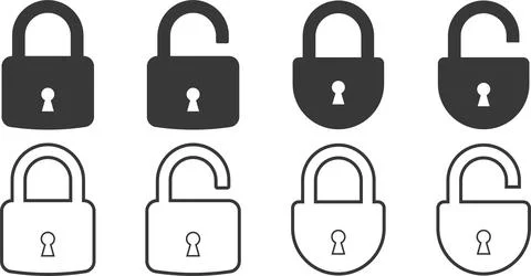 Set of open and close padlock line and flat icon. collection of locked and .. Stock Illustration