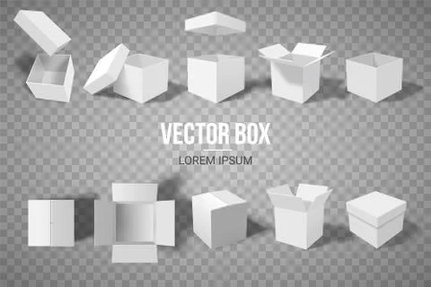 A set of open and closed boxes in different angles. Isometry in perspective.  Stock Illustration