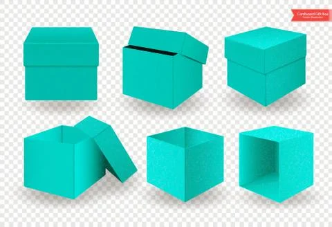 Set of open and closed cardboard green blue boxes with lids or covers. Front and Stock Illustration
