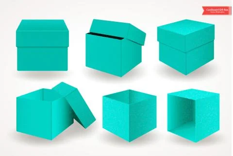 Set of open and closed cardboard green blue boxes with lids or covers. Front Stock Illustration