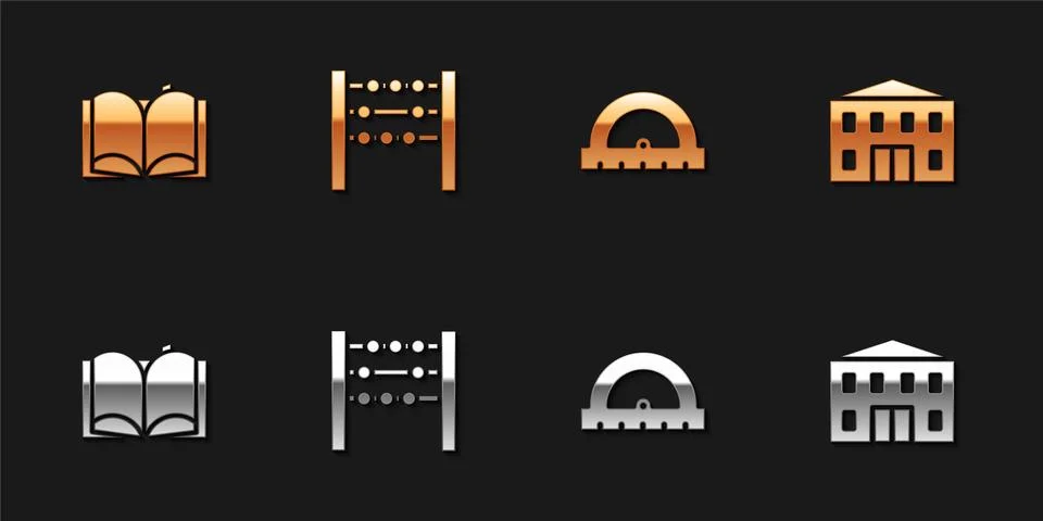 Set Open book, Abacus, Protractor and School building icon. Vector Ilustración de archivo