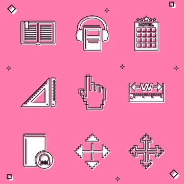 Set Open book, Audio, Hotel building, Triangular ruler, Pixel hand cursor Stock Illustration