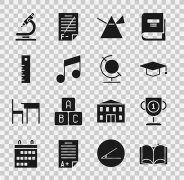 Set Open book, Award cup, Graduation cap, Light rays in prism, Music note, .. Stock Illustration
