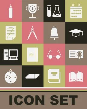 Set Open book, Certificate template, Graduation cap, Test tube and flask, D.. Illustrazione stock