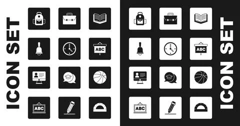 Set Open book, Clock, Ringing bell, School backpack, Chalkboard, Briefcase, B Stock Illustration