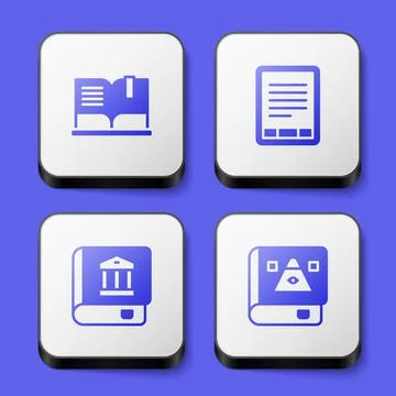 Set Open book, E-Book reader, Law and Ancient magic icon. White square button Stock Illustration