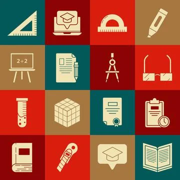 Set Open book, Exam sheet with clock, Glasses, Protractor grid for measurin.. Stock Illustration